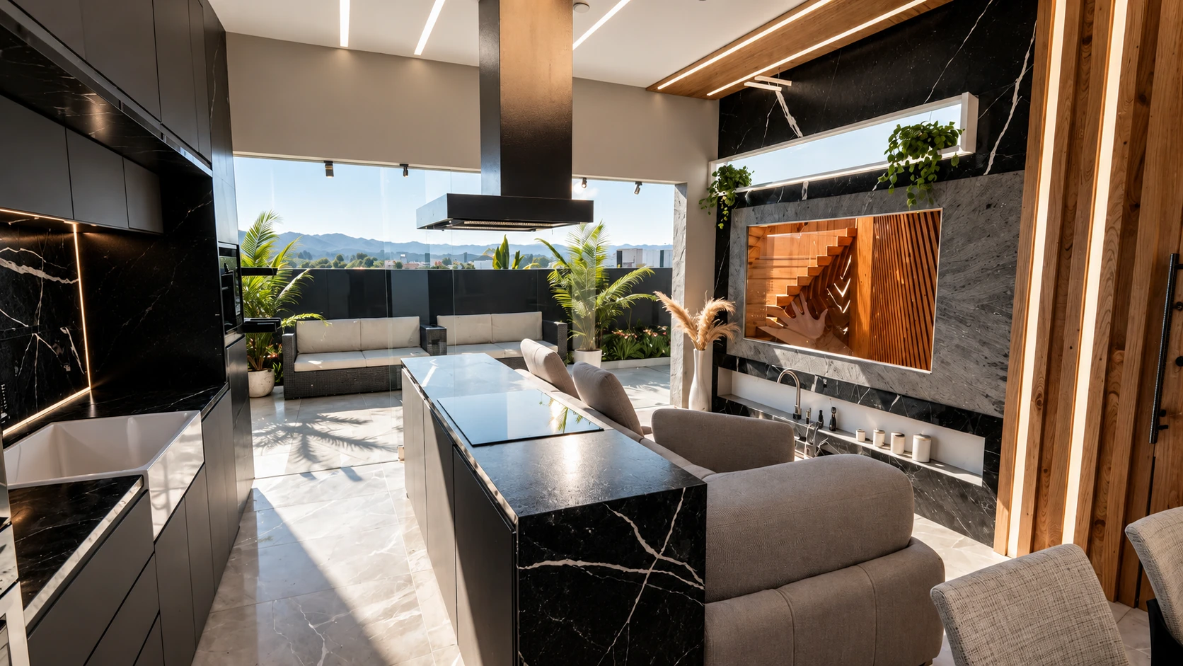 Cozinha e estar em pedra e madeira abertos para um terraço ensolarado.