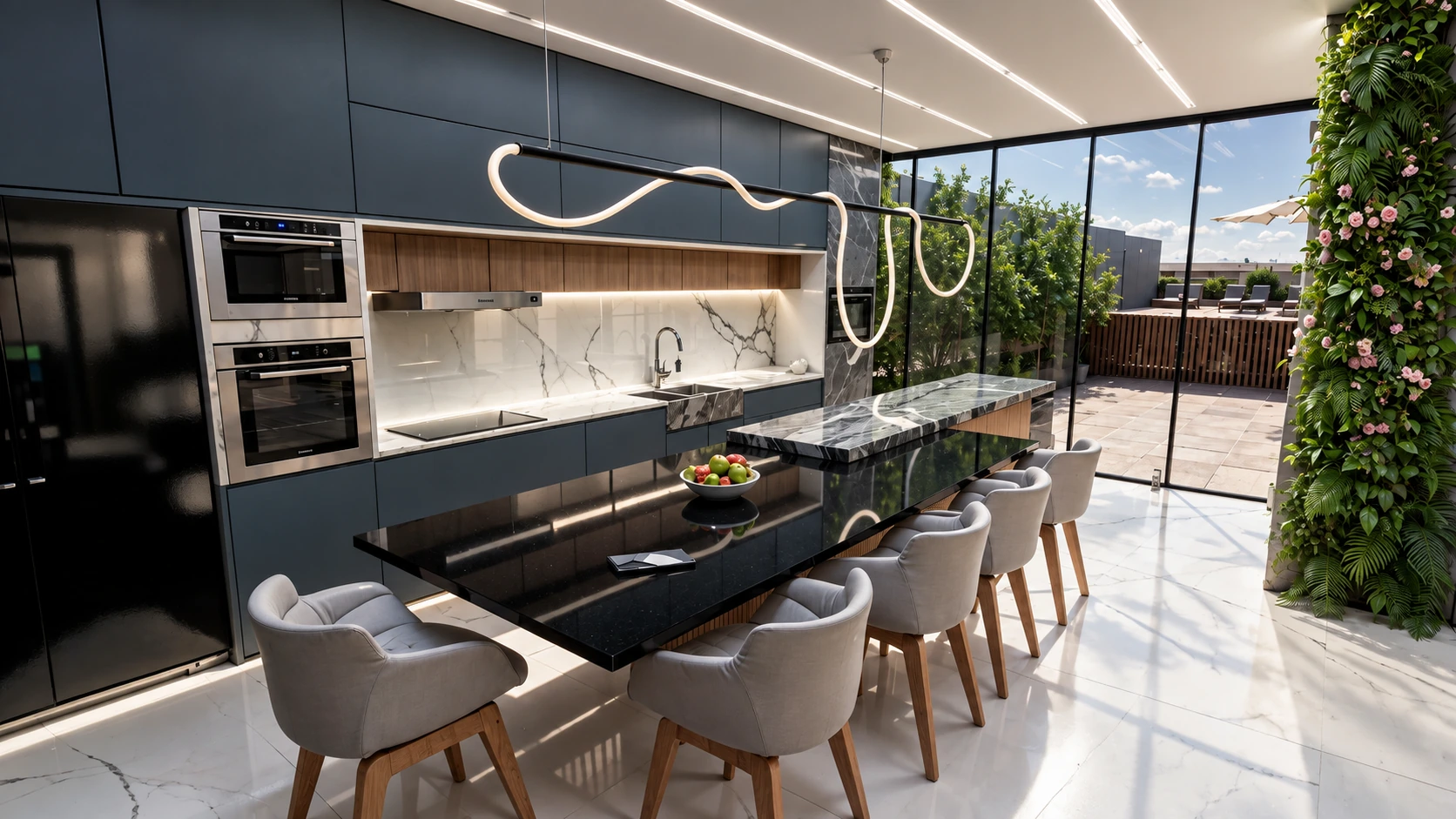 Cozinha em tons de chumbo e mesa de jantar conectadas ao terraço.