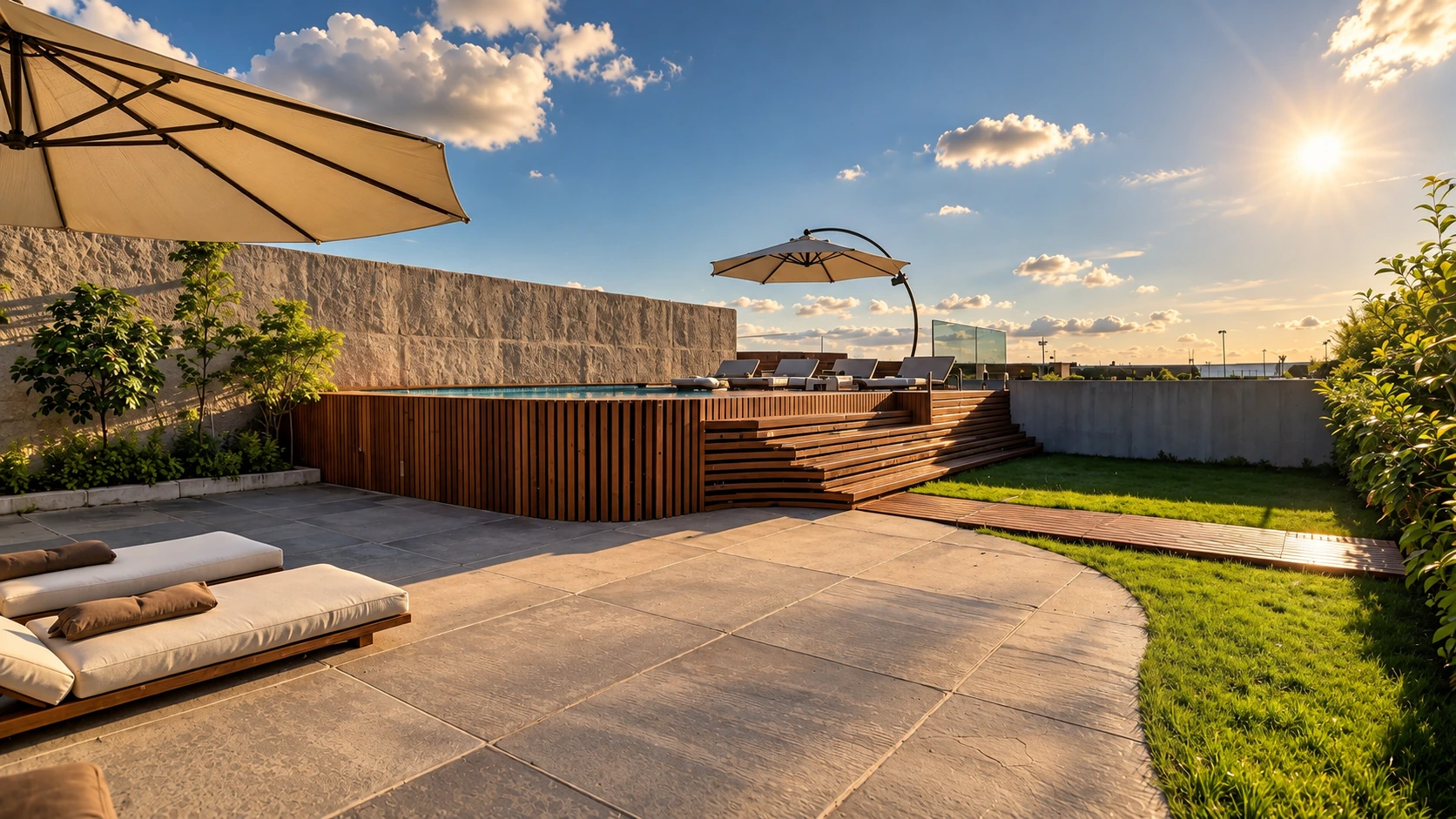 Terraço com deck elevado, espreguiçadeiras e jardim ao pôr do sol.