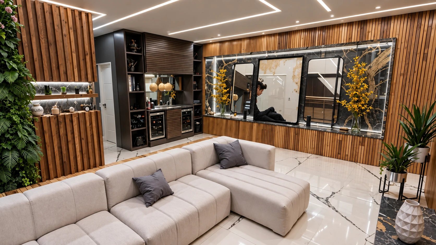 Sala com sofá claro, painel de madeira e bar ao fundo.
