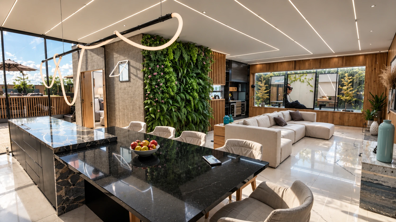 Cozinha, mesa de jantar e estar integrados, com luz natural.