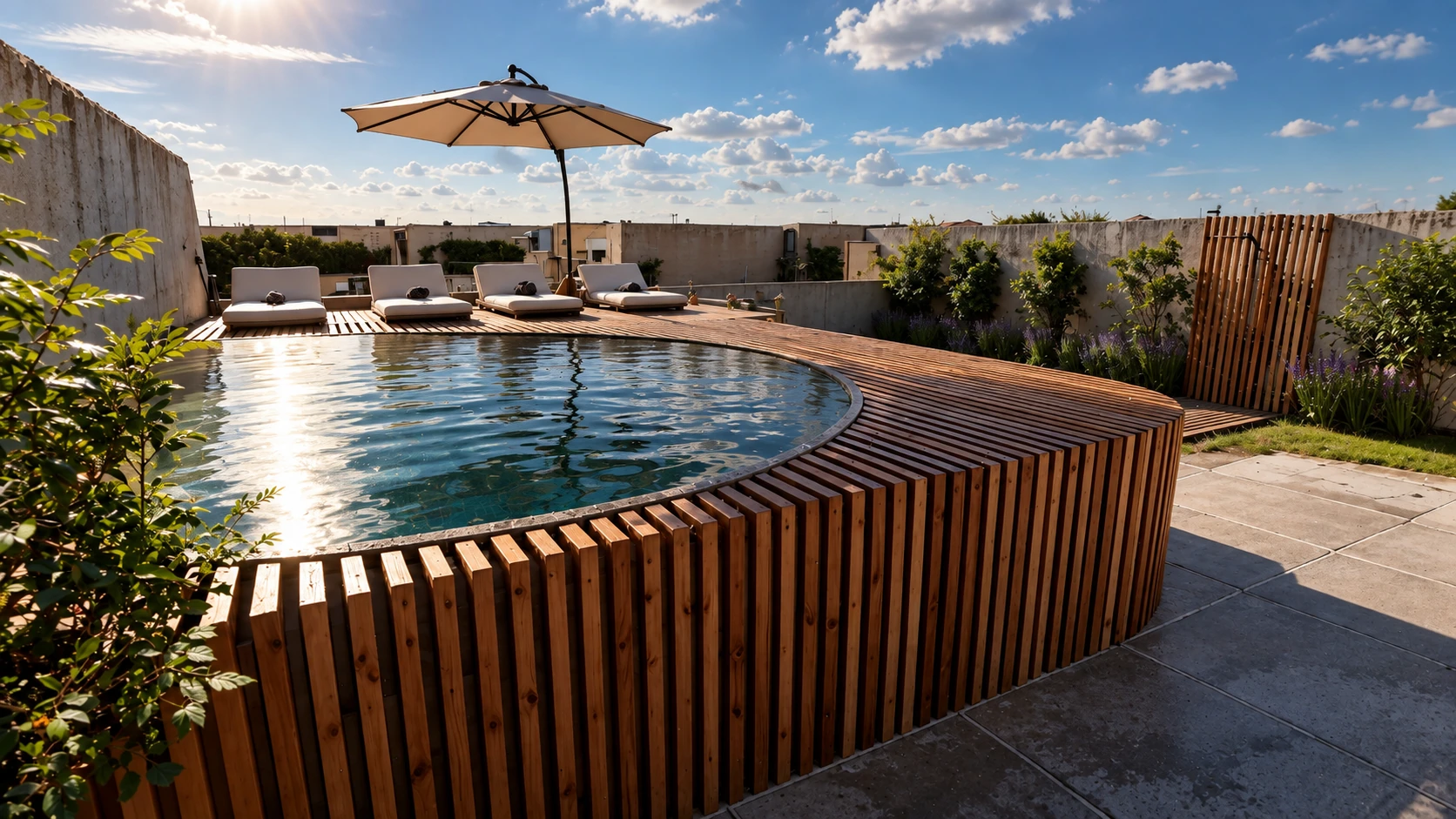Piscina curva com deck de madeira e espreguiçadeiras.