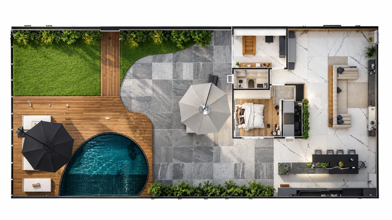 Estudo de distribuição com terraço, piscina e ambientes internos. Metragem não identificada.