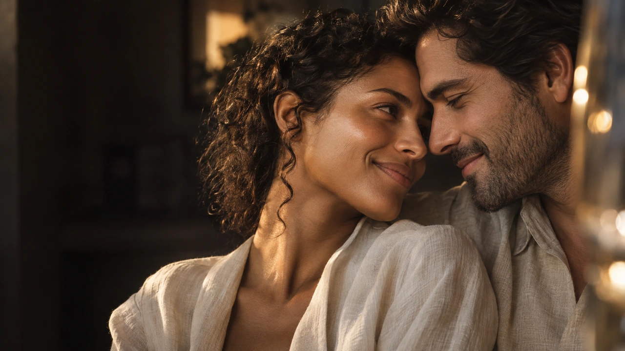 Close-up de um casal sorrindo com os rostos próximos, em um momento de afeto à luz do fim da tarde.
