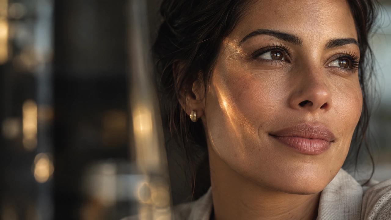 Close-up de uma mulher com olhar sereno, pele iluminada e um reflexo de luz dourada no rosto.