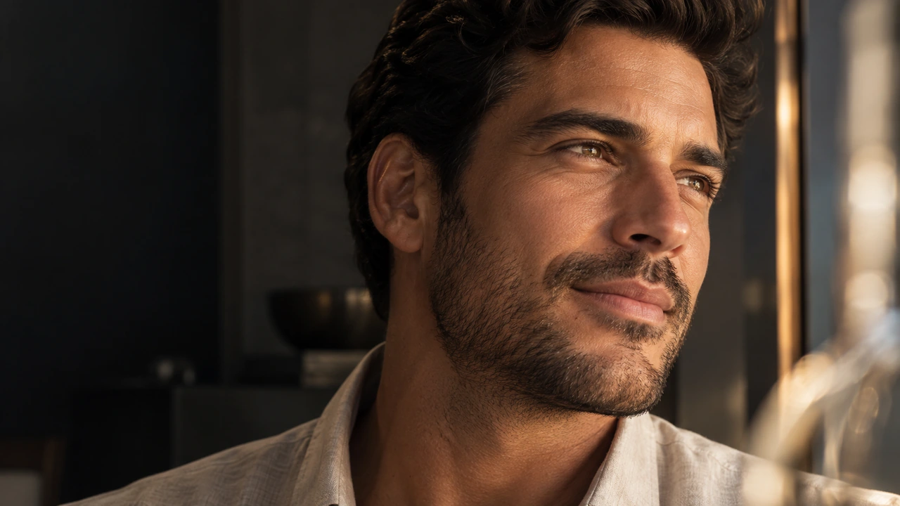 Retrato em close de um homem com expressão tranquila, junto à luz quente de uma janela.